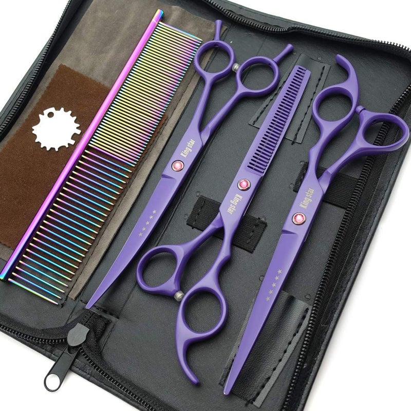 Kingstar 7.0in. Matt Purple Professional Pet Grooming Scissors Set,Straight & Thinning & Curved Scissors Set with Comb,case,A429 - Image 2